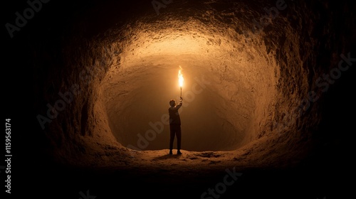 Silhouette of person holding torch in dark cave.