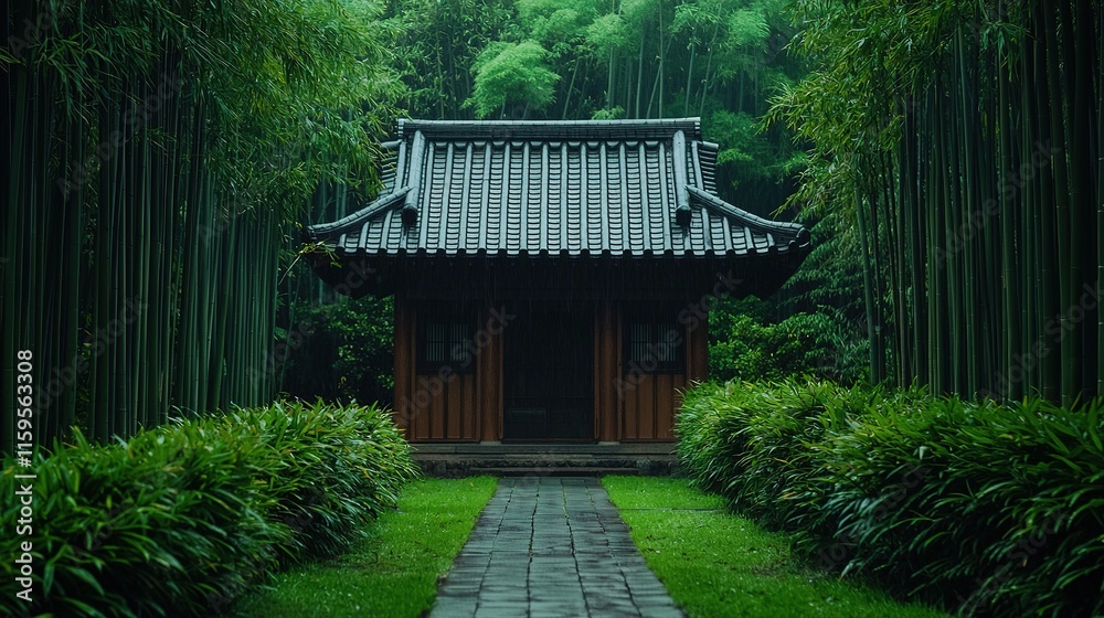 A tranquil wooden structure surrounded by lush greenery and bamboo, creating a serene atmosphere. A tranquil wooden structure surrounded by lush greenery and bamboo, creating a serene atmosphere.