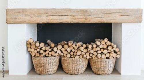 Gemütlicher Kamin mit gestapeltem Holz und geflochtenen Körben für eine warme Frühlingsdekoration zu Hause photo