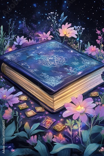 Closed spellbook adorned with intricate magical symbols surrounded by glowing runes, vibrant flowers, and greenery under a starry sky in a watercolor style