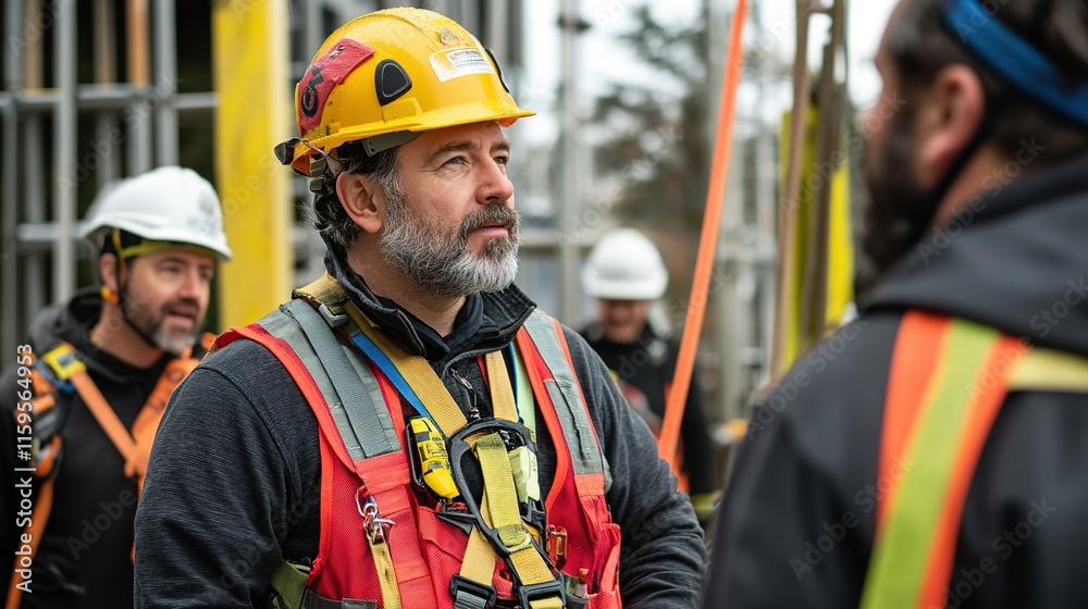 A focus on a construction site with workers in safety gear, engaged in conversation during a project. A focus on a construction site with workers in safety gear, engaged in conversation during a project.