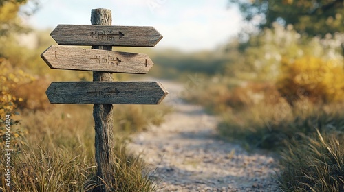 A rustic wooden signpost with multiple arrows stands beside a tranquil path, surrounded by lush greenery and soft sunlight.