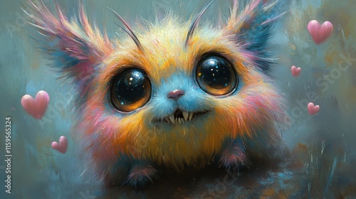 Adorable fluffy rainbow creature with big eyes and hearts.