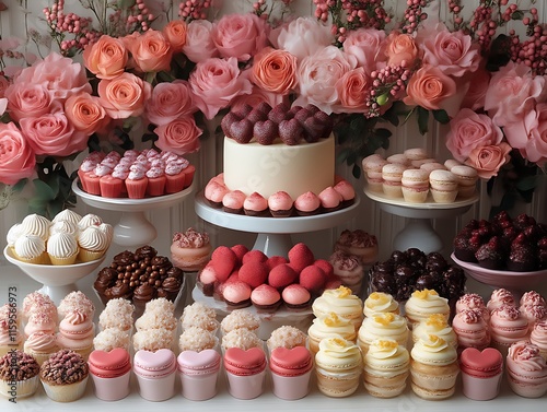 Romantic Valentine's Day dessert table with cakes, cupcakes, and macarons. photo