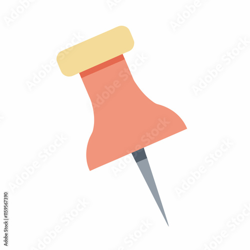 Cute cartoon push pin with plastic red top and needle. Thumbtack, pointer, fixation button head for attaching paper to notice and cork board. Hand drawn office and school stationery clipart isolated. 