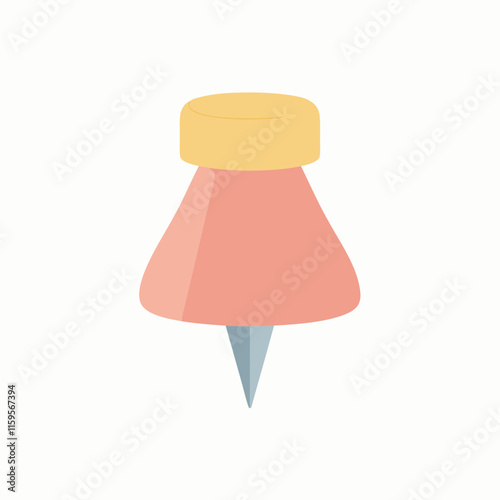 Cute cartoon push pin with plastic red top and needle. Thumbtack, pointer, fixation button head for attaching paper to notice and cork board. Hand drawn office and school stationery clipart isolated. 