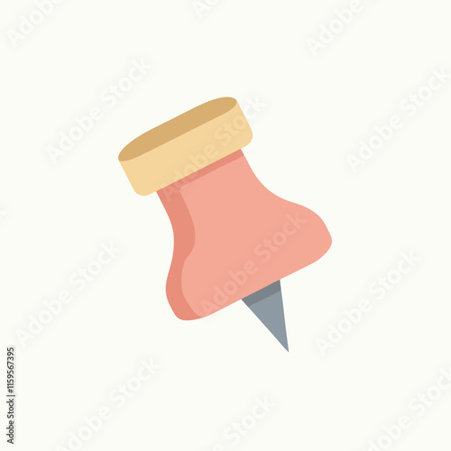 Cute cartoon push pin with plastic red top and needle. Thumbtack, pointer, fixation button head for attaching paper to notice and cork board. Hand drawn office and school stationery clipart isolated. 