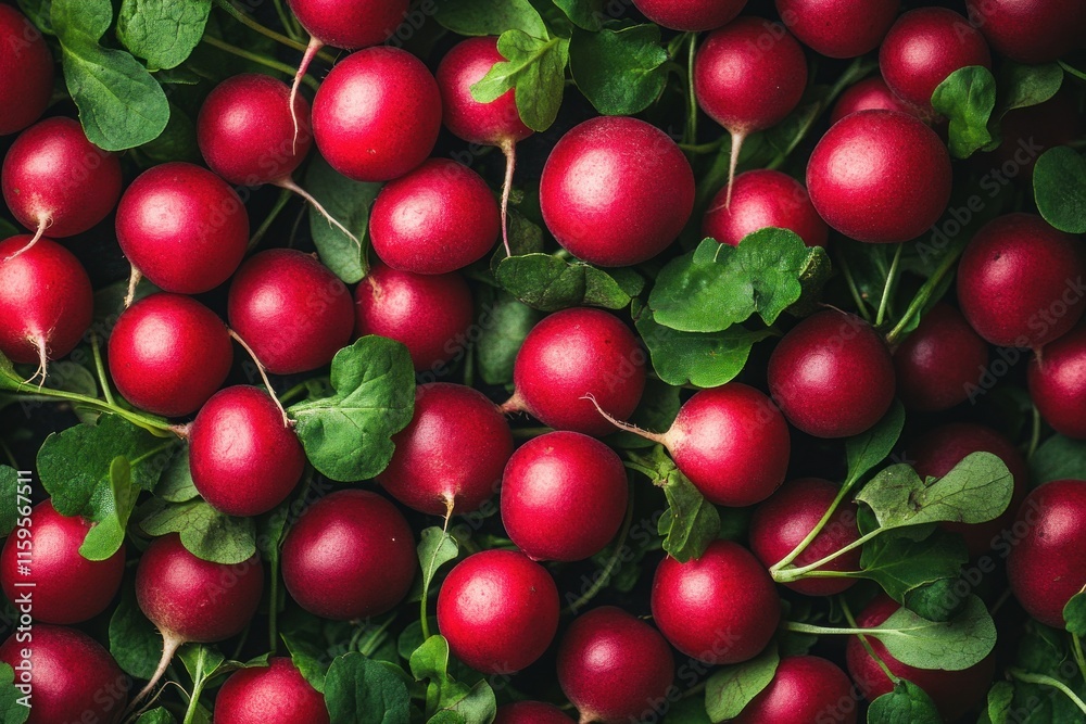 Bright red radish microgreens are spread across a rich green surface, showcasing their crisp leaves and earthy roots beautifully Bright red radish microgreens are spread across a rich green surface, showcasing their crisp leaves and earthy roots beautifully