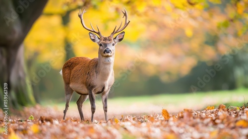 Herbstliche Ruhe in einem wilden Waldkorridor mit majestätischen Hirschen inmitten leuchtenden Laubes photo