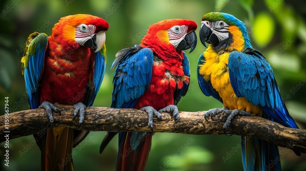 Three vibrant parrots perched on a branch Three vibrant parrots perched on a branch