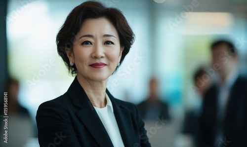 A confident business woman leader stands in a modern office, engaging with colleagues during a productive meeting filled with enthusiasm and focus