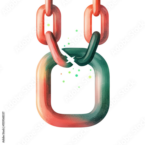 Playful Watercolor of a Broken Chain Link with Whimsical Elements and Soft Colors, Bringing an Artistic Touch to Symbolize Incompletion and Fragility photo