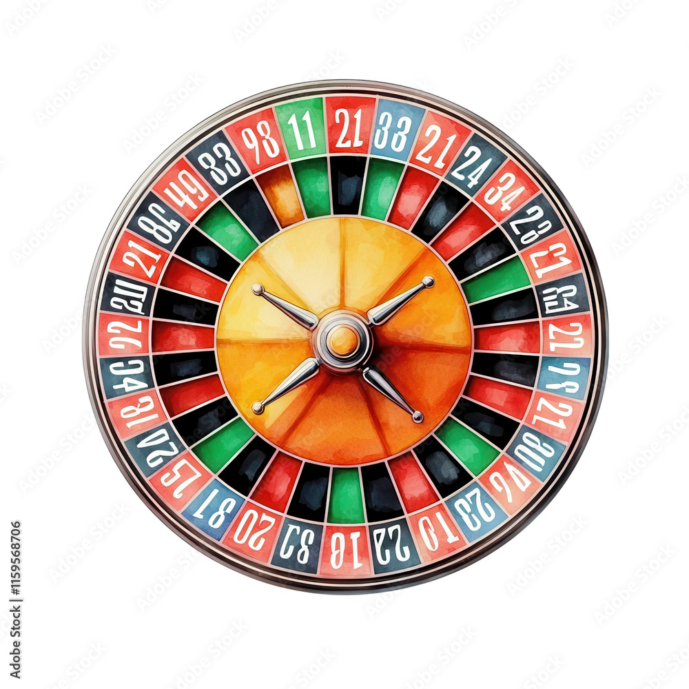 Detailed Watercolor of a Roulette Wheel Featuring Vivid Colors and Faint Currency Elements, Perfect for Casino or Gaming-Themed Projects Detailed Watercolor of a Roulette Wheel Featuring Vivid Colors and Faint Currency Elements, Perfect for Casino or Gaming-Themed Projects
