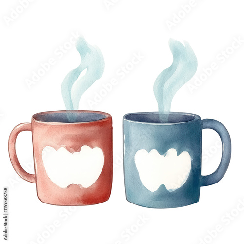 Charming Watercolor of Two Coffee Mugs with Heart Shaped Designs and Steam Rising, Perfect for Warm Beverage Themes and Cozy Settings photo