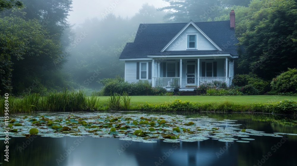 Fototapeta premium Peaceful cottage with a small pond in front, water drops on lily pads, misty morning atmosphere generative ai