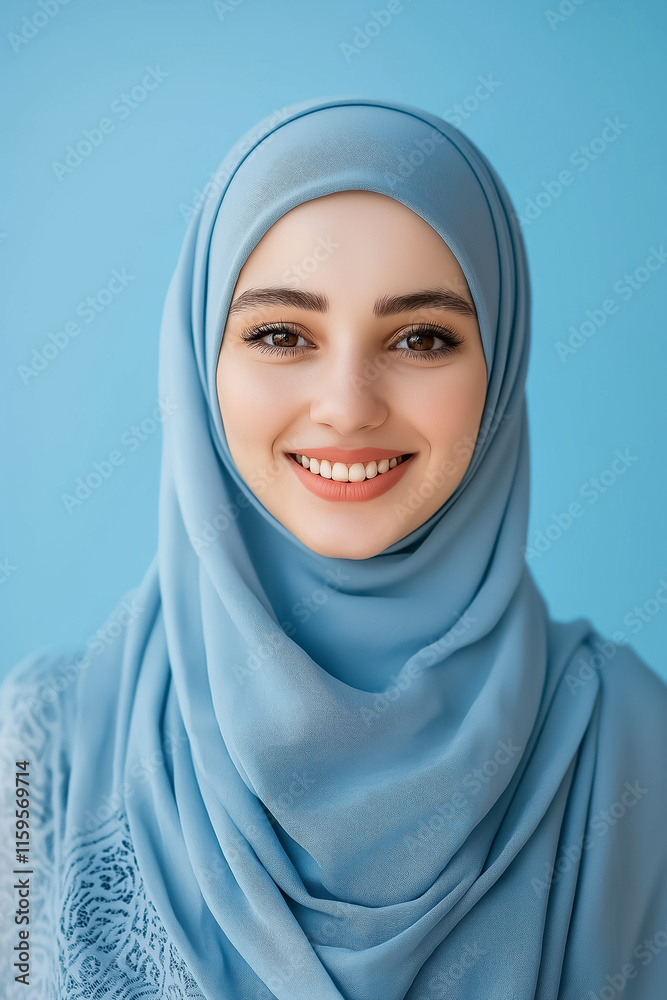 Young smiling Arab Muslim woman in hijab on plain blue background, studio portrait Young smiling Arab Muslim woman in hijab on plain blue background, studio portrait