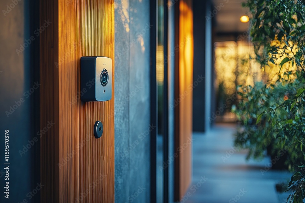 A contemporary doorbell is mounted next to an apartment door in a well-lit corridor filled with greenery in the evening A contemporary doorbell is mounted next to an apartment door in a well-lit corridor filled with greenery in the evening