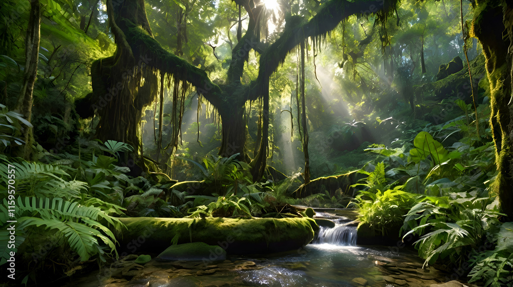 Fototapeta premium A peaceful stream in the jungle, with sunlight breaking