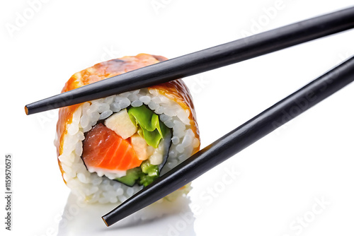 black chopsticks holding sushi isolated on white background