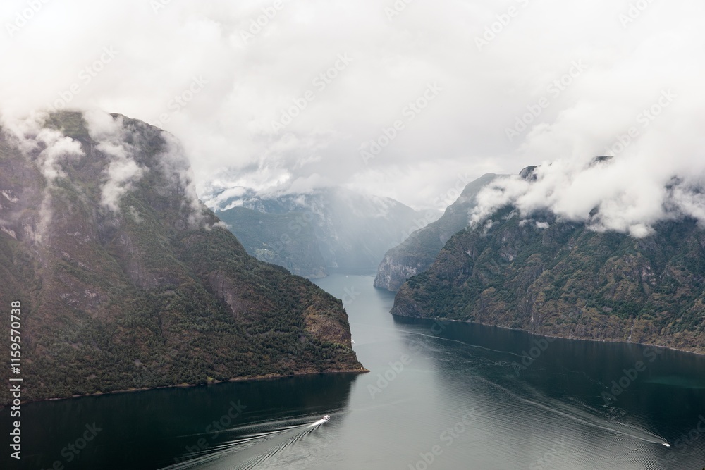 Sognefjord with ships in Norway close to Aurlandsvangen city, view from Stegastein lookout