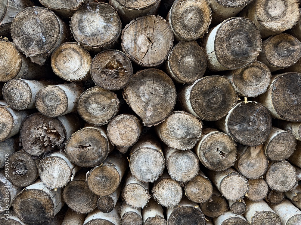 Pile of cut wooden trees, trunks ready to be burnt in winter