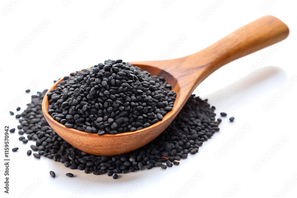 black sesame seeds in wooden spoon isolated on white black sesame seeds in wooden spoon isolated on white