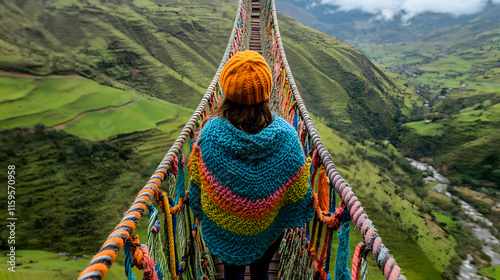 A woman walking across a narrow suspension bridge in the Andes Mountains of Ecuador, South America with a lush green valley below