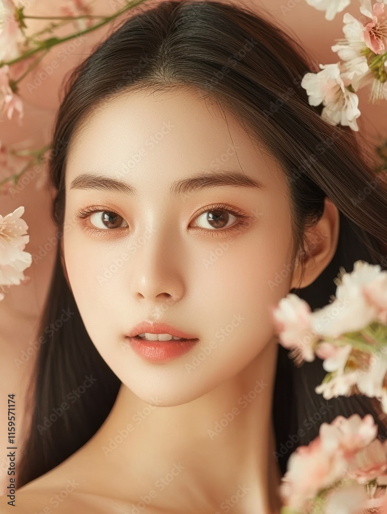 Radiant asian skin surrounded by swirling soft focus blossoms floral portrait serene environment close-up view Radiant asian skin surrounded by swirling soft focus blossoms floral portrait serene environment close-up view