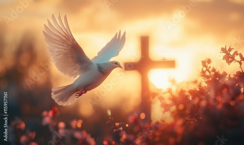 A dove flies gracefully in front of a cross during a breathtaking sunset, surrounded by colorful flowers and soft light photo