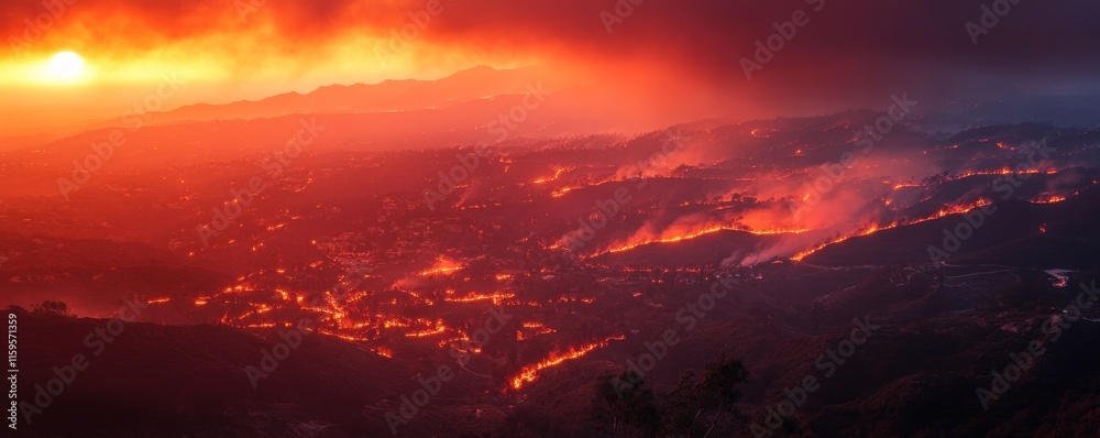 Wildfires spread rapidly across a landscape, engulfing trees and vegetation, while the sun sets in a vibrant display of color Wildfires spread rapidly across a landscape, engulfing trees and vegetation, while the sun sets in a vibrant display of color