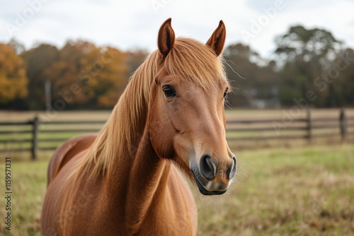A beautiful brown horse stands proudly in a serene countryside, showcasing its striking features against a blurred backdrop