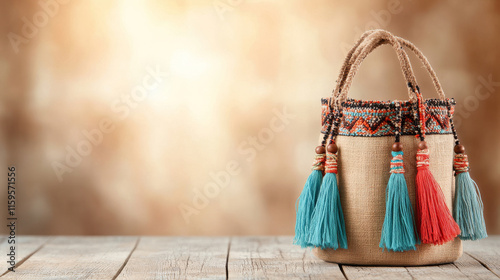 Stylish bucket bag adorned with colorful bohemian tassels sits on a rustic wooden surface, creating a trendy and fashionable scene