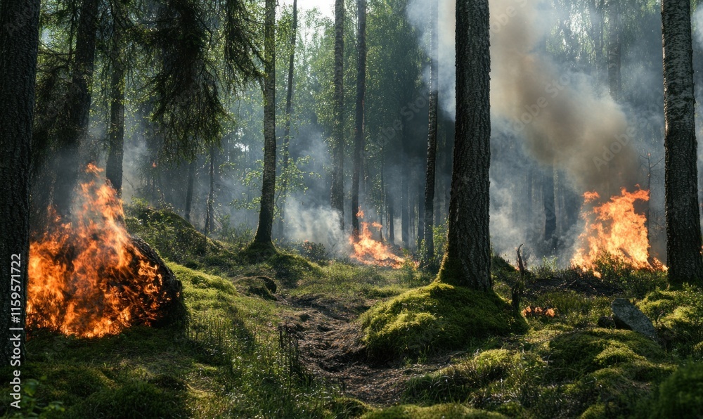 Flames engulf trees and underbrush in a dense forest, creating a hazardous environment as smoke fills the air during a wildfire Flames engulf trees and underbrush in a dense forest, creating a hazardous environment as smoke fills the air during a wildfire