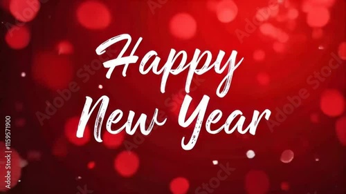 Big white Handwriting thin Letters “happy new year ” over red Christmas blurred background