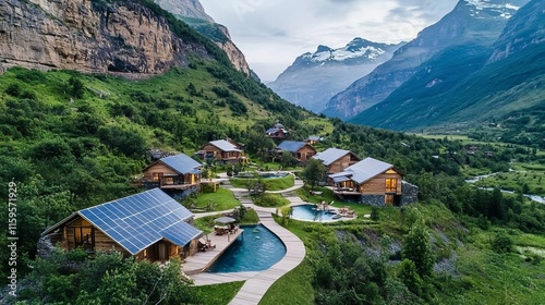 Sustainable tourism travel experience eco-friendly concept. Scenic mountain resort with cabins and a pool surrounded by lush greenery.