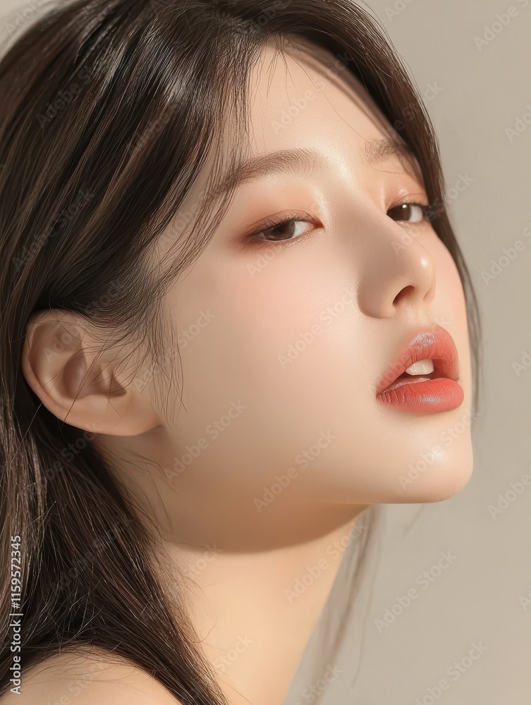 Fototapeta premium Elegant asian profile view with glowing skin in soft shadow studio portrait minimalist environment