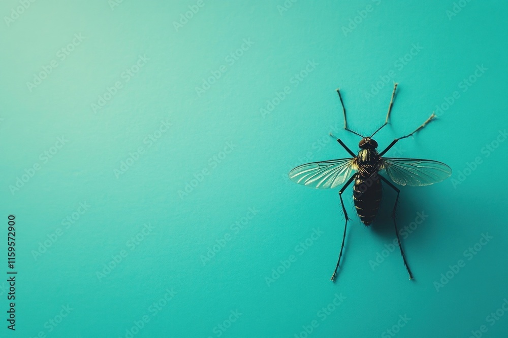 Close-up view of a mosquito displaying intricate details on a bright blue background, emphasizing its wings and body structure Close-up view of a mosquito displaying intricate details on a bright blue background, emphasizing its wings and body structure