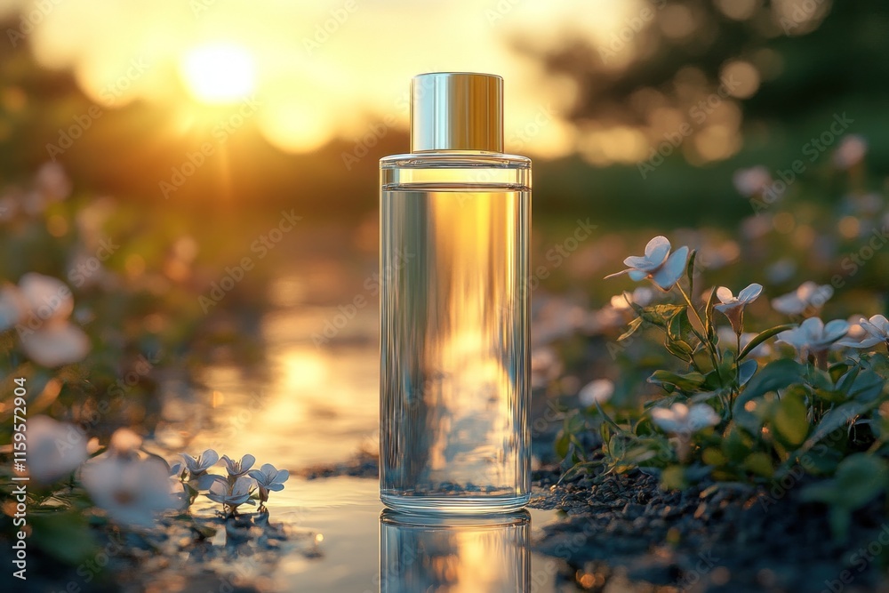 A clear cosmetic bottle rests gently on the ground, reflecting the soft sunset light, surrounded by blooming flowers and tranquil nature A clear cosmetic bottle rests gently on the ground, reflecting the soft sunset light, surrounded by blooming flowers and tranquil nature