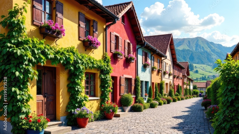Fototapeta premium A charming street lined with colorful houses, adorned with window boxes and potted plants, leads towards a distant mountain landscape. Concept of quaint village and scenic beauty.