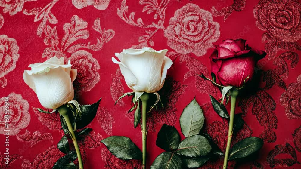 Elegant display of white and red roses on a vibrant red floral background in an indoor setting