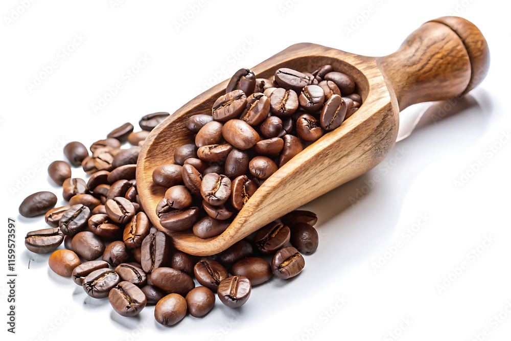 Fototapeta premium coffee beans in wooden scoop isolated on white