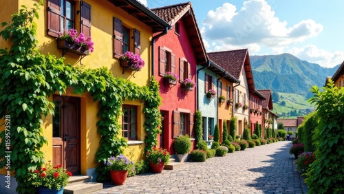 A charming street lined with colorful houses, adorned with window boxes and potted plants, leads towards a distant mountain landscape. Concept of quaint village and scenic beauty.
