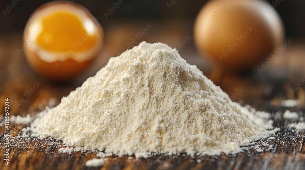 White flour is piled on a kitchen surface alongside open eggs, indicating preparation for baking delicious treats or meals White flour is piled on a kitchen surface alongside open eggs, indicating preparation for baking delicious treats or meals