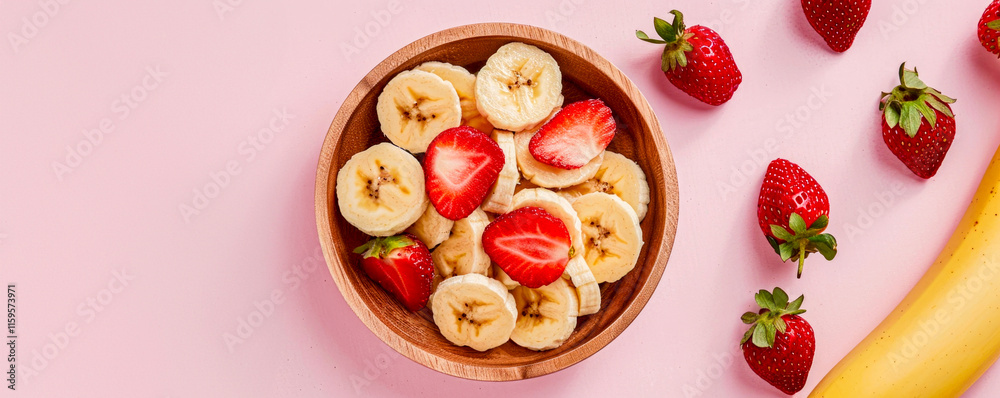 Fresh fruit in a wooden bowl, sliced strawberries and bananas, healthy lifestyle background.