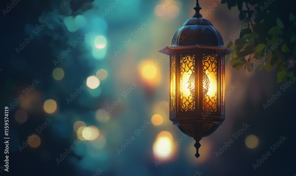 Traditional Arabic lanterns glow warmly, casting enchanting light during Ramadan Kareem and Eid Mubarak celebrations, creating a festive atmosphere Traditional Arabic lanterns glow warmly, casting enchanting light during Ramadan Kareem and Eid Mubarak celebrations, creating a festive atmosphere