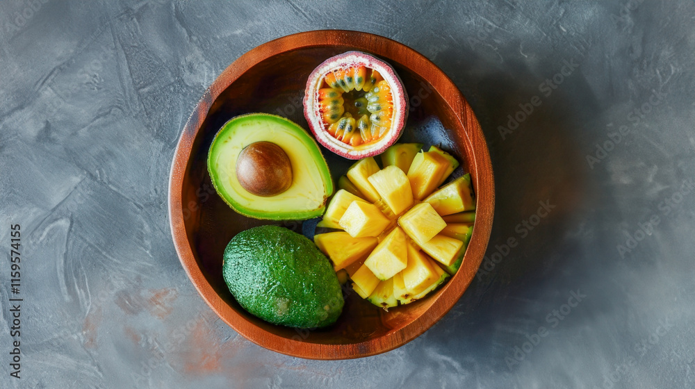 Top view of wooden bowl with tropical fruits, mango, avocado, papaya, wellness concept.