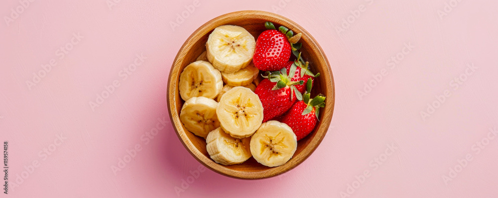 Healthy lifestyle concept, wooden bowl with sliced fruit, fresh strawberries and bananas.