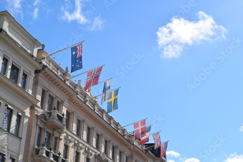 Photography Flags on hotel balcony. Stockholm, Sweden.