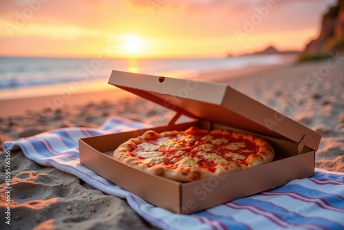Pizza box on beach at sunset. Mock up for business and advertising