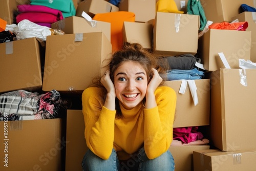 Joyful young girl shopaholic expresses excitement while surrounded by many open boxes filled with colorful clothes, showing her adventure of unpacking online shopping with fast parcel delivery photo